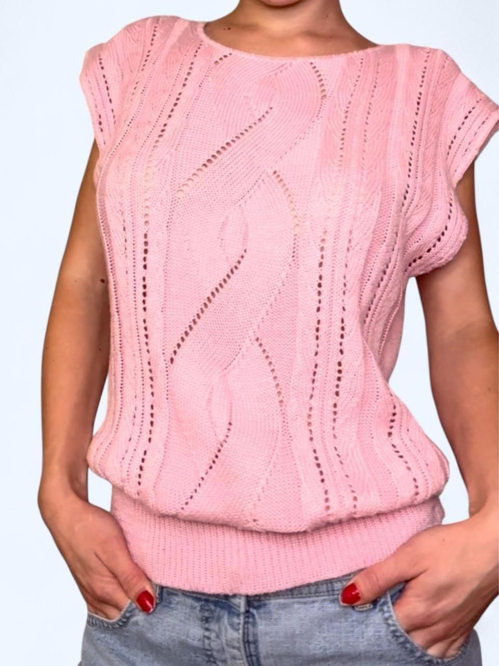 Vintage 80s ROSE Pink Pointelle Knit Sweater Top